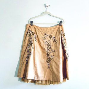 Talbots - Khaki A-Line Skirt with Floral Embroidery and Beadwork - 20W